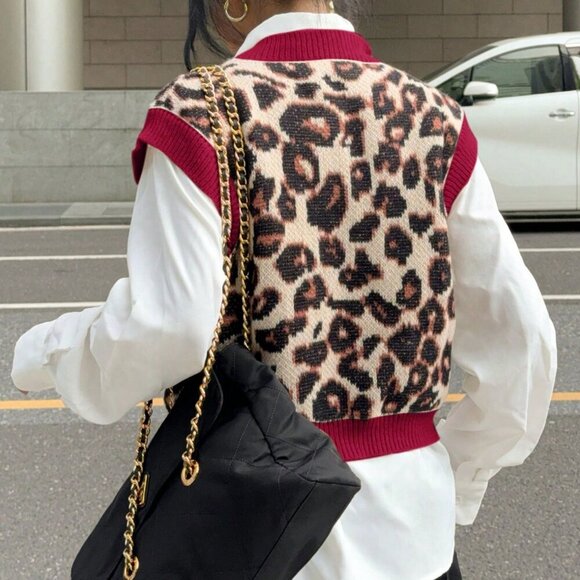 Multicolor Casual Women's Leopard Print Knit Sweater Vest - Picture 3 of 8